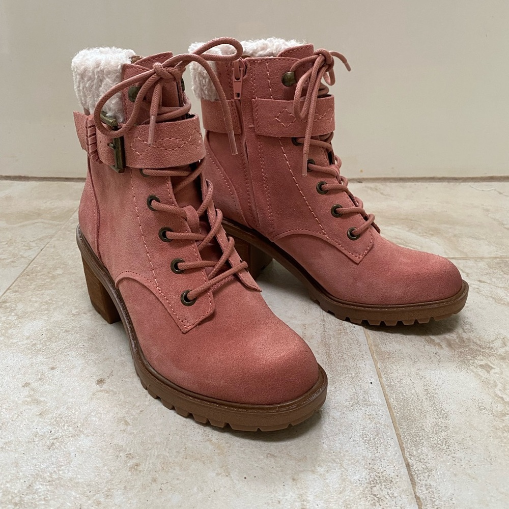 Zodiac Gemma Lace-Up Heeled Combat Booties in Dark Blush